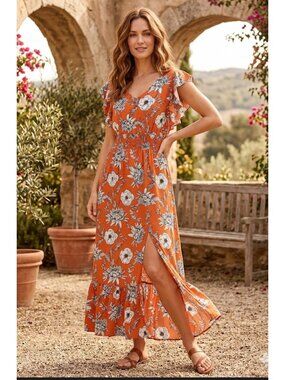 Beyend words Floral Orange Maxi Dress large With Ruffle Sleeves & Side Slit - Su